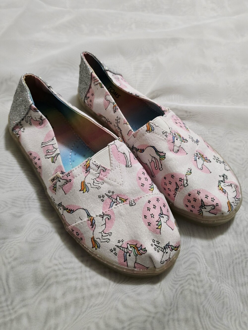 TOMS Pastel Shimmer Unicorn Print Slip-On Shoes Pink White Glitter